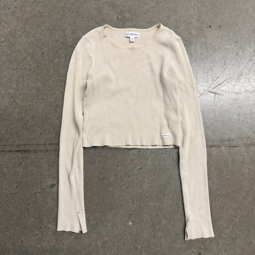 Calvin Klein Jeans Womens Ribbed Cropped‎ Long Sleeve Cream Beige XS Snap Cuff